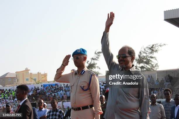 Somalia's President Hassan Sheikh Mohamud attends a rally against the al-Qaeda-affiliated terror group al-Shabaab in Mogadishu on January 12, 2023....