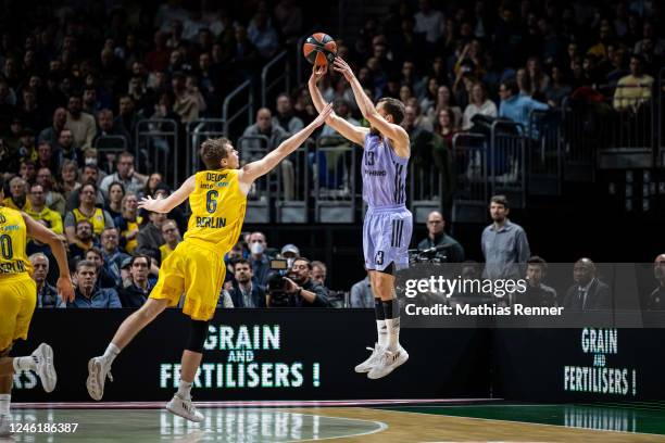 Malte Delow of ALBA Berlin and Sergio Rodriguez of Real Madrid during the Basketball Euroleague match between ALBA Berlin and Real Madrid on January...