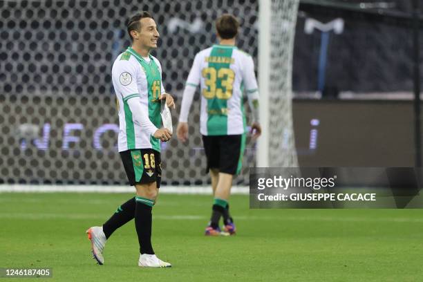 Real Betis' Mexican midfielder Andres Guardado is sent off the pitch by the referee after being presented the second yellow card during the Spanish...