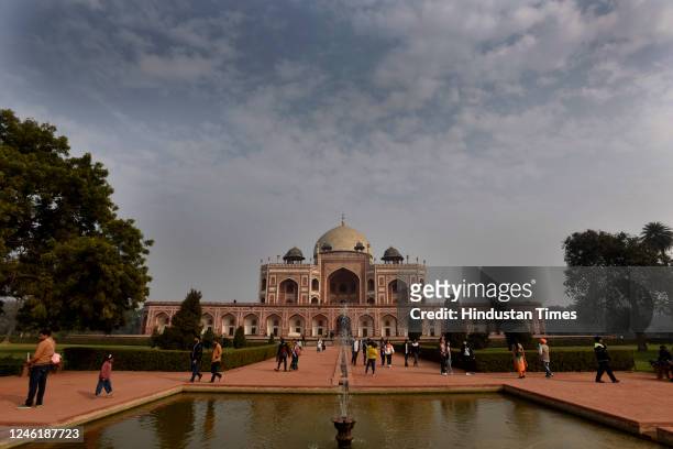General view of Humayun tomb with blue sky in background as weather cleared a bit after continuous foggy days on January 12, 2023 in New Delhi, India.