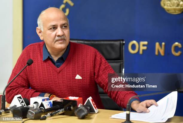 Delhi Deputy Chief Minister Manish Sisodia address media persons at Delhi Secretariat on January 12, 2023 in New Delhi, India. Manish Sisodia...