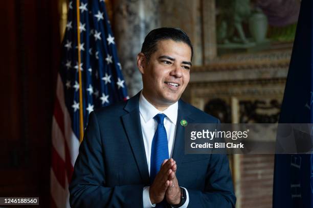 Rep. Robert Garcia, D-Calif., listens during a photo-op with Librarian of Congress Dr. Carla Hayden at the Libarary of Congress in Washington on...