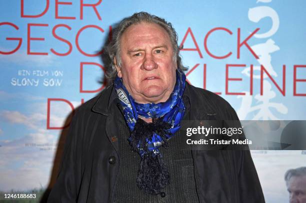 French actor Gerard Depardieu attends the "Der Geschmack der kleinen Dinge " Premiere at Cinema Paris on January 12, 2023 in Berlin, Germany.