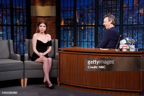 Episode 1376 -- Pictured: Actor Anna Kendrick during an interview with host Seth Meyers on January 12, 2023 --