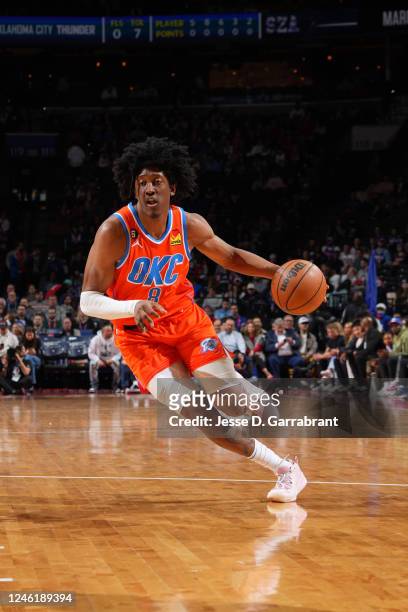 Jalen Williams of the Oklahoma City Thunder drives to the basket during the game against the Philadelphia 76ers on January 12, 2023 at the Wells...