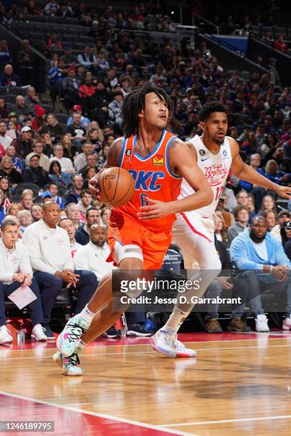 Jaylin Williams of the Oklahoma City Thunder drives to the basket during the game against the Philadelphia 76ers on January 12, 2023 at the Wells...