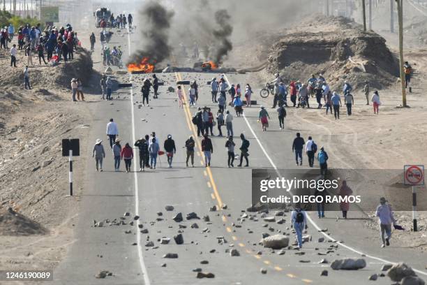 Demonstrators hold a blockade in the Pan-American highway at La Joya to demand the resignation of Peruvian President Dina Boluarte in Arequipa, Peru...