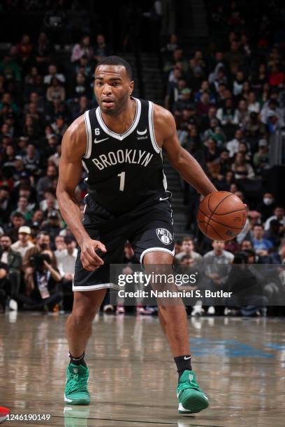 Warren of the Brooklyn Nets moves the ball during the game against the Boston Celtics on January 12, 2023 at Barclays Center in Brooklyn, New York....