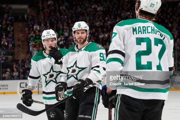 Tyler Seguin of the Dallas Stars celebrates with teammates after scoring a goal in the second period against the New York Rangers at Madison Square...