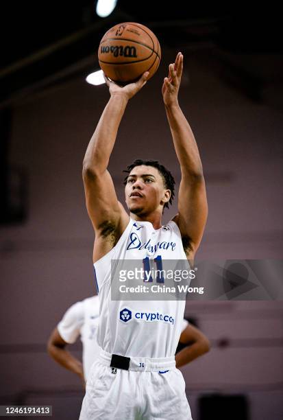Jaden Springer of the Delaware Blue Coats shoots a free throw against the Maine Celtics on January 12, 2023 at Portland Expo Center in Portland,...