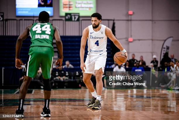 Skylar Mays of the Delaware Blue Coats dribbles the ball against the Maine Celtics on January 12, 2023 at Portland Expo Center in Portland, Maine....