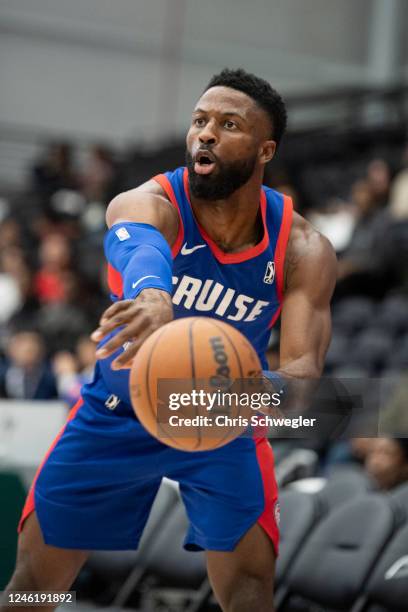 David Nwaba of the Motor City Cruise passes the ball during the second quarter of the game against the Raptors 905 on January 12, 2023 at Wayne State...