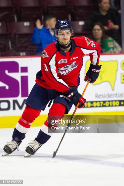 Forward Shane Wright of the Windsor Spitfires skates against the Saginaw Spirit during his first game with the team at WFCU Centre on January 12,...