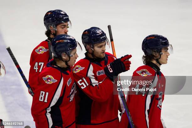 Forward Shane Wright directs Matthew Maggio during his first game with the Windsor Spitfires against the Saginaw Spirit at WFCU Centre on January 12,...