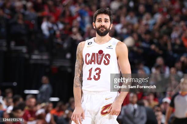 Ricky Rubio of the Cleveland Cavaliers looks on during the game against the Portland Trail Blazers on January 12, 2023 at the Moda Center Arena in...