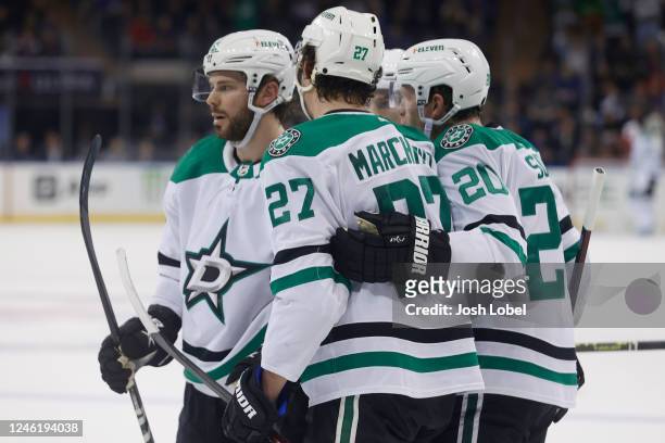 The Dallas Stars celebrate after Tyler Seguin scores a goal against the New York Rangers during the 2nd period at Madison Square Garden on January...