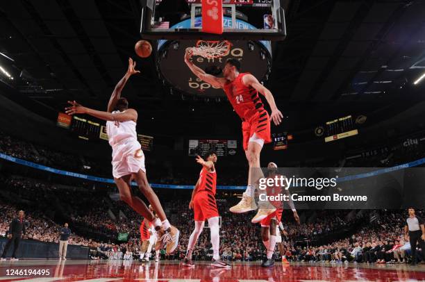 Evan Mobley of the Cleveland Cavaliers shoots the ball during the game against the Portland Trail Blazers on January 12, 2023 at the Moda Center...