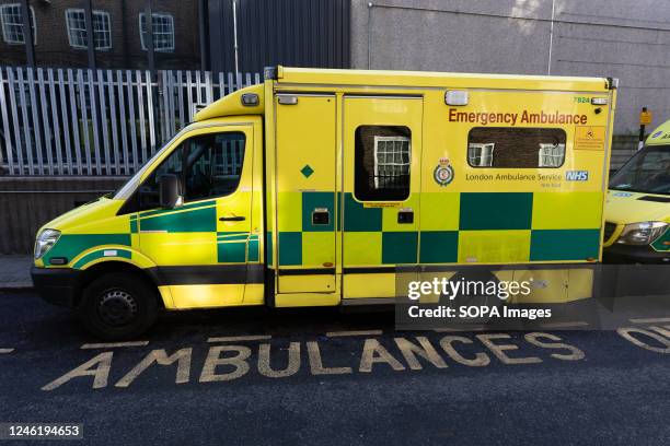 An ambulance belonging to the London Ambulance Service is parked outside Waterloo Ambulance Station. Unison and GMB members of the LAS will walk out...