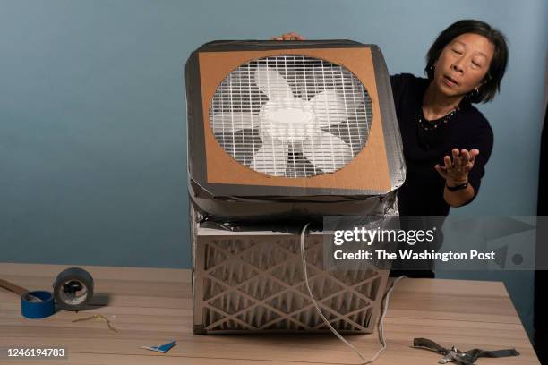 Washington Post health reporter Lena Sun shows the steps in making a do-it-yourself box fan air filter, also known as the Corsi-Rosenthal Box, on...