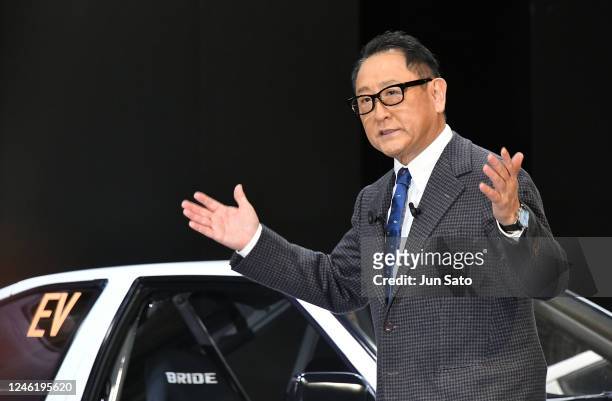 Akio Toyoda, president of Toyota Motor Corp. Speaks at the Tokyo Auto Salon at Makuhari Messe on January 13, 2023 in Chiba, Japan.