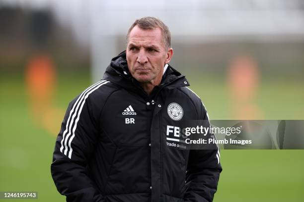 Leicester City Manager Brendan Rodgers during the Leicester City training session and press conference at Leicester City Training Ground, Seagrave on...