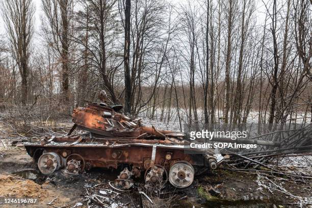 Russian tank destroyed during fierce and heavy fighting near the village of Kuhari in the Kyiv region.