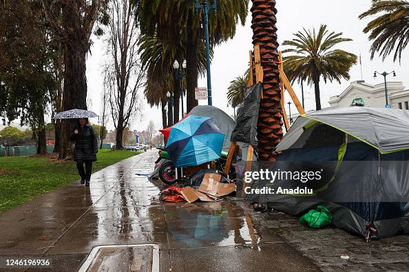 Homeless While Raining Homeless tents are seen along Embarcadero Street during heavy rain in ...
