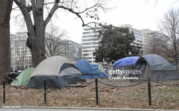 Homeless citizens take shelter in tents at McPherson Square as the number of homeless encampments grows during winter season in Washington D.C.,...