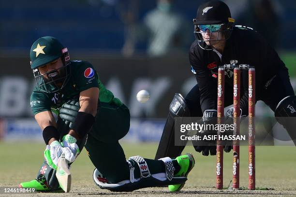 Pakistan's Mohammad Rizwan plays a shot during the third and final one-day international cricket match between Pakistan and New Zealand at the...