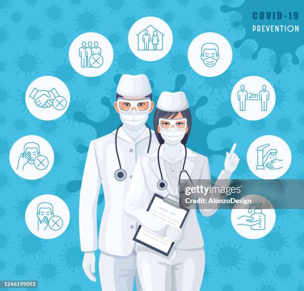 professional doctors with covid-19 outbreak prevention icons set. - nurses working together stock illustrations