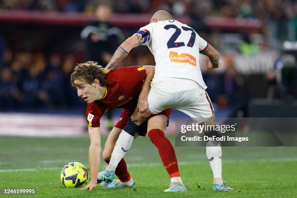 Rome, Italy, : Edoardo Bove of AS Roma and Stefano Sturaro of Genoa CFC battle for the ball during the Coppa Italia match between AS Rom vs Genua CFC...