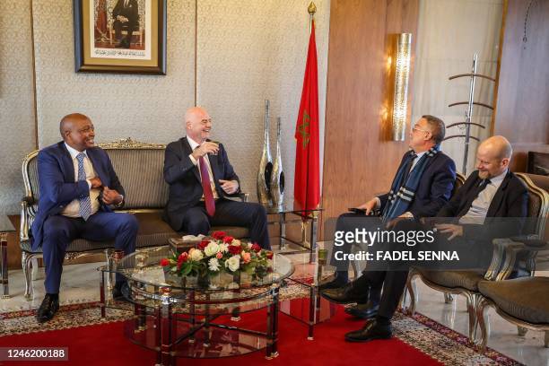President of the Royal Moroccan Football Federation Fouzi Lekjaa welcomes the President of the International Football Federation Gianni Infantino and...