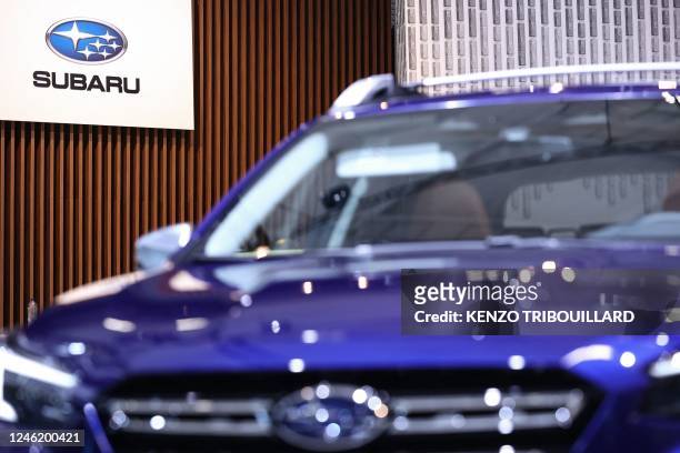 Subaru logo is pictured during the Brussels Motor Show on January 13, 2023 in Brussels.