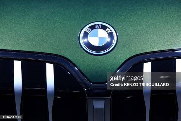 Photo shows the German automobile manufacturer BMW logo during the Brussels Motor Show in Brussels, on January 13, 2023.