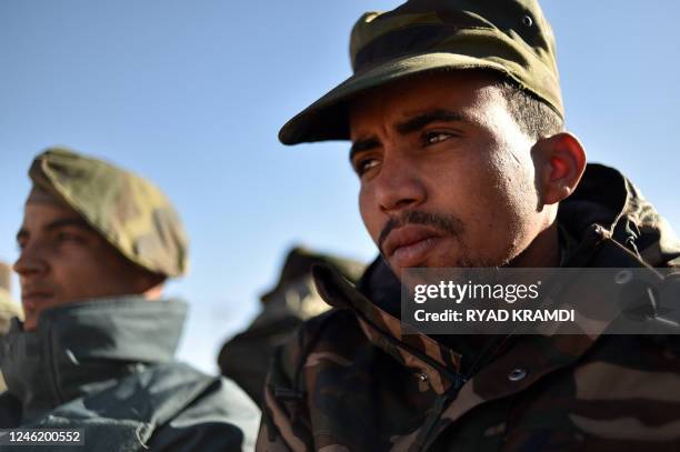 Members of the Sahrawi People's Liberation Army are pictured at the refugee camp of Dakhla which lies some 170km to the southeast of the Algerian...
