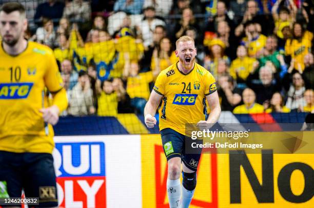 Gothenburg, Sweden Sweden Jim Gottfridsson celebrates after scoring during the IHF Men´s World Championship 2023 match between Sweden vs Brazil at...