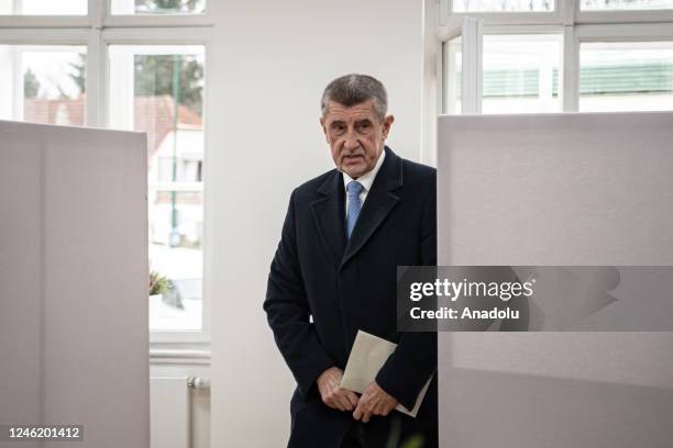 Presidential candidate Andrej Babis casts his vote at a polling station during in the presidential elections in Pruhonice, Prague, Czech Republic on...