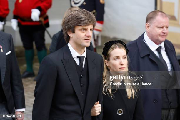 January 2023, Baden-Wuerttemberg, Salem: Ernst August Hereditary Prince of Hanover and his wife Ekaterina Hereditary Princess of Hanover leave the...