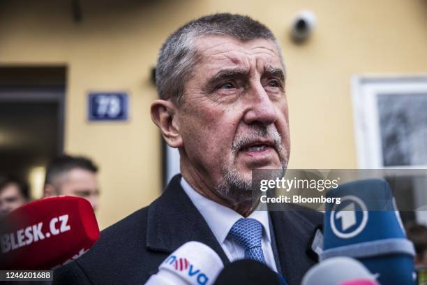 Andrej Babis, Czech presidential candidate, speaks to the media after voting at a polling station during the first round of the Czech presidential...