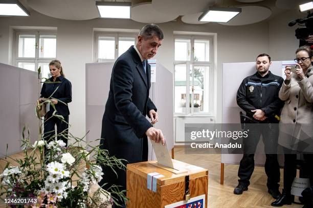 Presidential candidate Andrej Babis casts his vote at a polling station during in the presidential elections in Pruhonice, Prague, Czech Republic on...