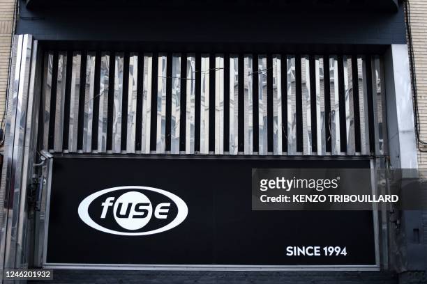 Picture taken on January 13, 2023 shows the logo of the Fuse nightclub, in Brussels. - The decision stems from an adjacent neighbour who complained...