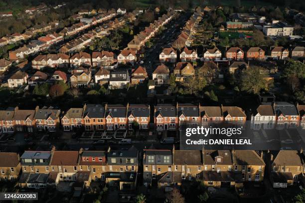 An aerial view shows residential housing in south-east London on January 13, 2023. - The Financial Conduct Authority has warned that some 770,000...