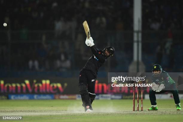 New Zealand's Devon Conway plays a shot during the third and final one-day international cricket match between Pakistan and New Zealand at the...
