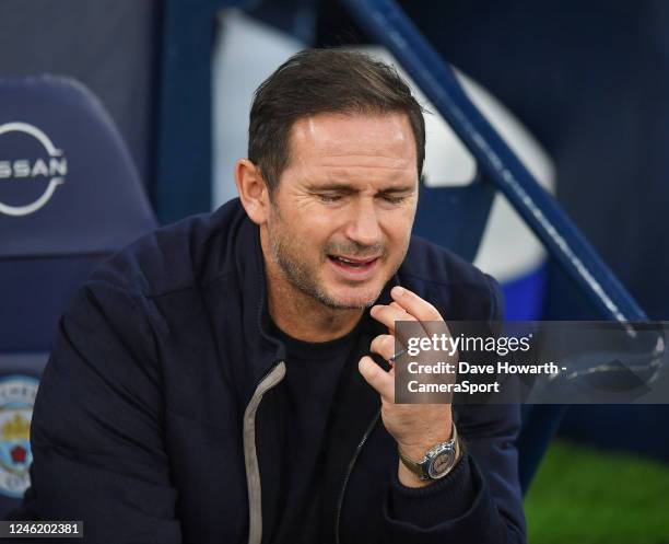 Everton's Manager Frank Lampard during the pre-match warm-up to the Premier League match between Manchester City and Everton FC at Etihad Stadium on...