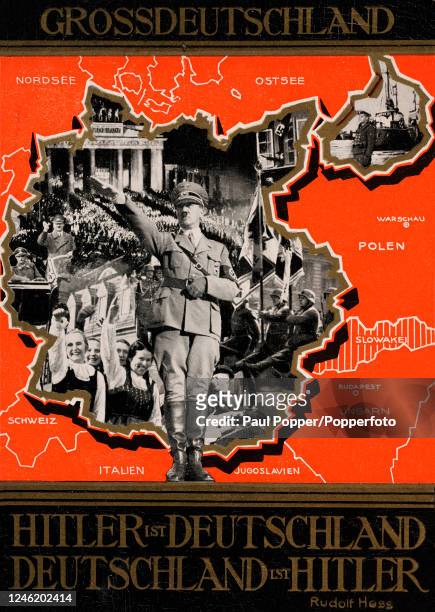Propaganda postcard illustration and photographs featuring German Fuhrer Adolf Hitler and scenes in Nazi Germany extolling the annexation of Austria,...
