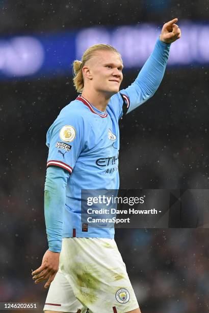 Manchester City's Erling Haaland during the pre-match warm-up to the Premier League match between Manchester City and Everton FC at Etihad Stadium on...