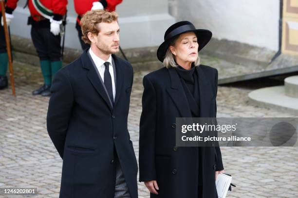 January 2023, Baden-Wuerttemberg, Salem: Pierre Casiraghi and his mother Caroline, Princess of Hanover and Princess of Monaco, leave the Minster...