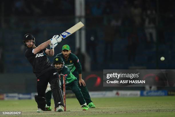 New Zealand's Glenn Phillips plays a shot during the third and final one-day international cricket match between Pakistan and New Zealand at the...