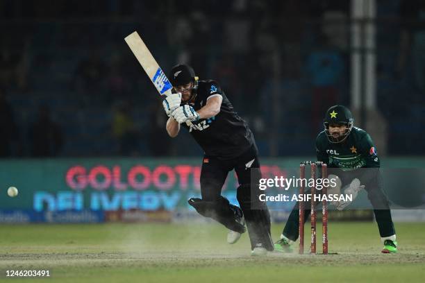 New Zealand's Glenn Phillips plays a shot during the third and final one-day international cricket match between Pakistan and New Zealand at the...