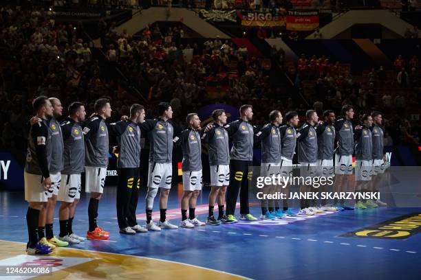 The German national handball team is pictured prior the Men's IHF World Handball Championship Group E match between Germany and Qatar in Katowice,...